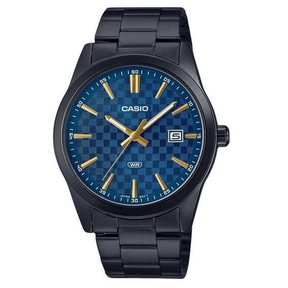 Relógio masculino Casio padrão analógico preto banhado a íons de aço inoxidável com mostrador azul quartzo MTP-VD03B-2A