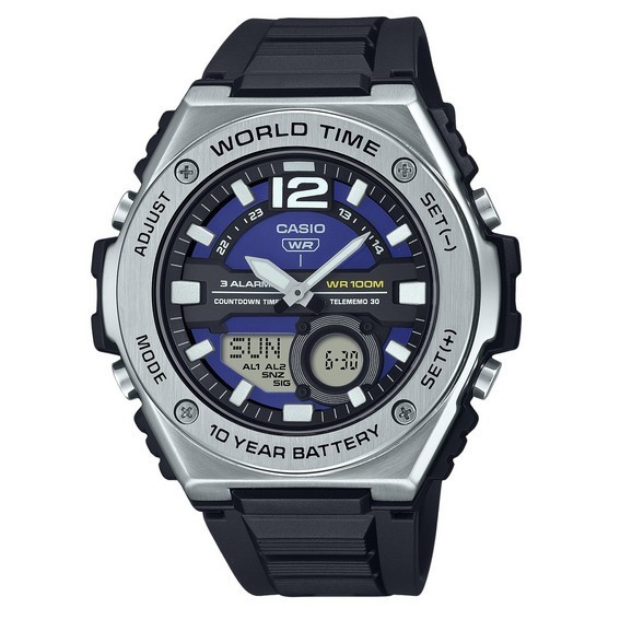 Relógio masculino analógico padrão Casio com pulseira de resina digital mostrador azul quartzo MWQ-100-2AV 100M