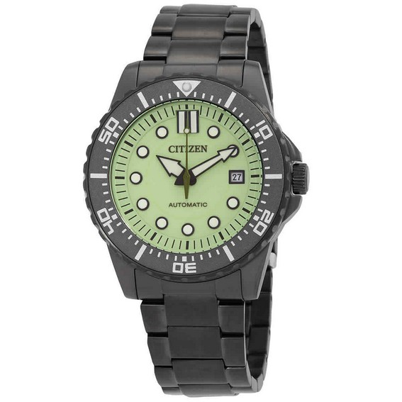 Автоматические мужские часы Citizen из нержавеющей стали с зеленым светящимся циферблатом NJ0177-84X 100M