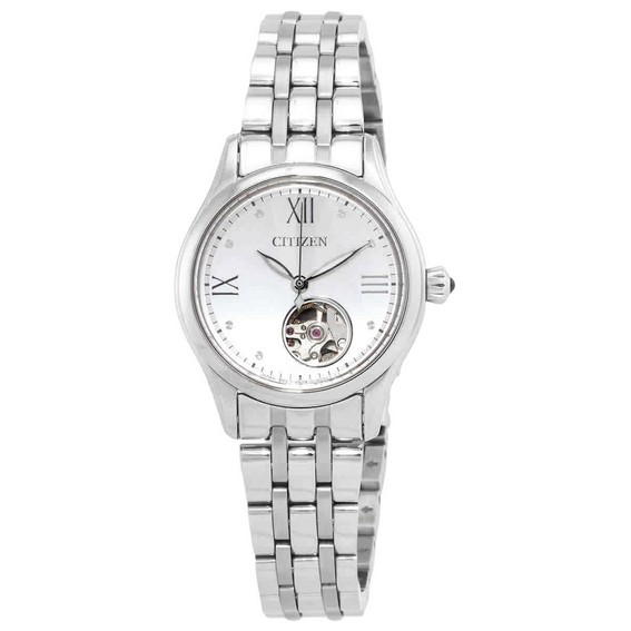 Relógio feminino Citizen Luna de aço inoxidável com coração aberto e mostrador prateado automático PR1040-88A