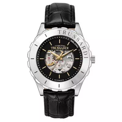 Trussardi T-Logo Semi Skeleton Black Dial Leather Strap Automatic R2421143002 Men's Watch