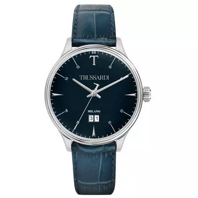 Relógio masculino Trussardi T-Complicity com mostrador azul pulseira de couro quartzo R2451130001