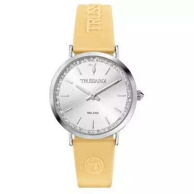 Relógio feminino Trussardi T-Motif com mostrador prateado e pulseira de borracha Quartz R2451140503