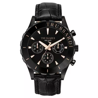 Trussardi T-Logo Black Dial Leather Strap Quartz R2451143003 Men's Watch
