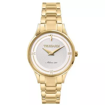 Relógio masculino Trussardi Gold Edition com mostrador branco tom dourado em aço inoxidável R2453149503