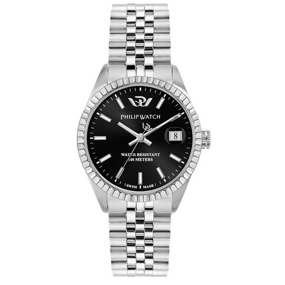 Philip Watch Swiss Made Caribe Urban Acero inoxidable Negro Sunray Dial Cuarzo R8253597586 100M Reloj para mujer
