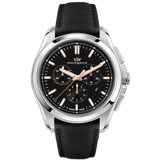 Philip Watch Swiss Made Amalfi Cronógrafo Correa de cuero Esfera negra Cuarzo R8271618002 100M Reloj para hombre