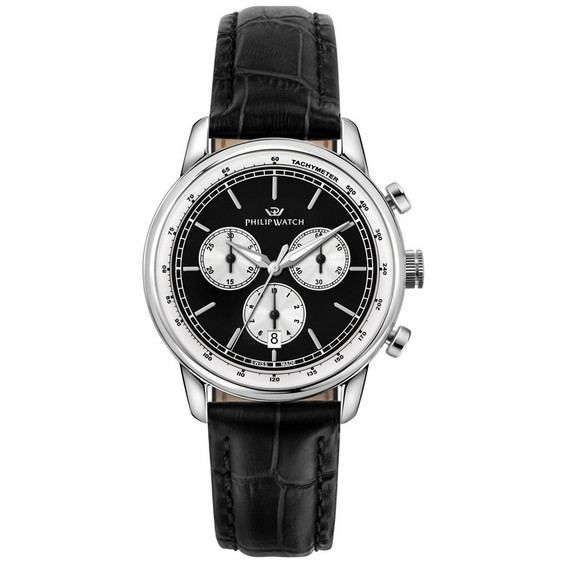 Philip Watch Swiss Made Anniversary Cronógrafo Correa de cuero Esfera negra Cuarzo R8271650002 100M Reloj para hombre