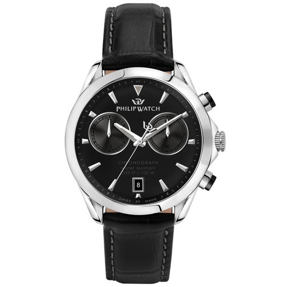Philip Watch Swiss Made Blaze Chronograph Кожаный ремешок Кварцевые часы с черным циферблатом R8271665009 Мужские часы 100M