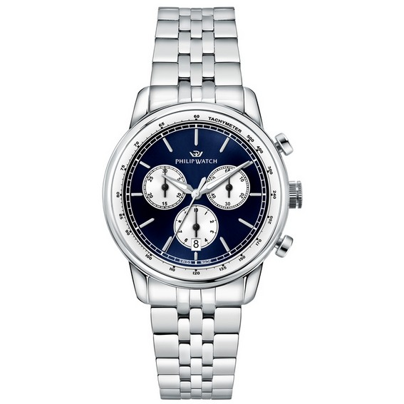 Philip Watch Swiss Made Aniversário Cronógrafo Aço Inoxidável Mostrador Azul Quartzo R8273650004 100M Relógio Masculino