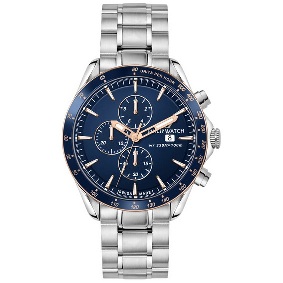 Philip Watch Swiss Made Blaze Cronógrafo Acero inoxidable Esfera azul Cuarzo R8273995006 100M Reloj para hombre