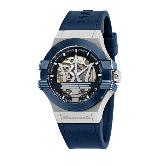 瑪莎拉蒂 Potenza 藍色橡膠錶帶銀色骨架錶盤自動 R8821108035 100M 男士手錶 zh-CHS