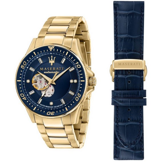 Maserati Sfida Limited Edition Diamond Accents Open Heart Blue Dial Automatic R8823140004 100M Men's Watch Gift Set