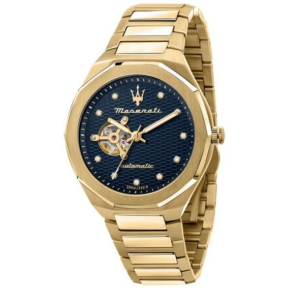 Maserati Stille Diamond Accents Gold Tone Stainless Steel Open Heart Blue Dial Automatic R8823140006 100M Men's Watch