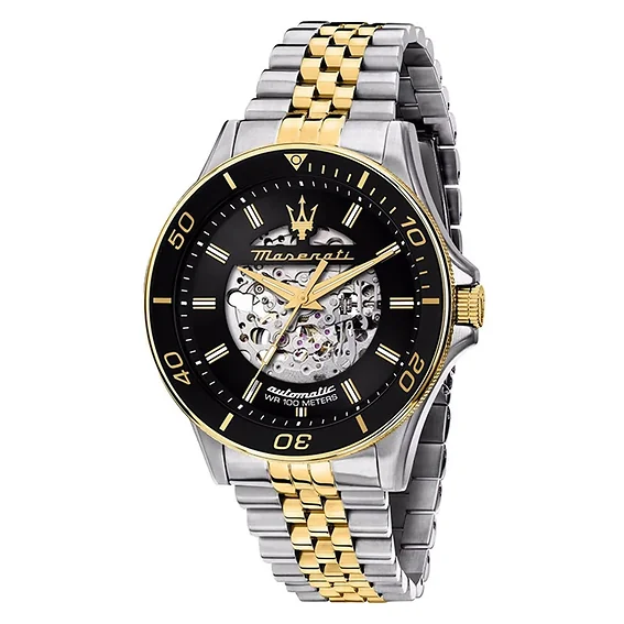 Maserati Sfida Two Tone Stainless Steel Skeleton Black Sunray Dial Automatic R8823140010 100M Men's Watch