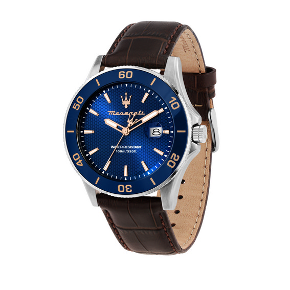 Maserati Competizione Leather Strap สีน้ำเงิน Dial Quartz R8851100004 100M นาฬิกาผู้ชาย