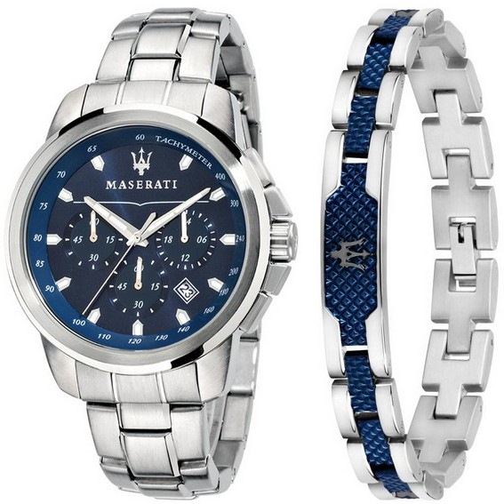 Maserati Successo 計時碼表不銹鋼藍色錶盤石英 R8851121016 男士手錶禮品套裝