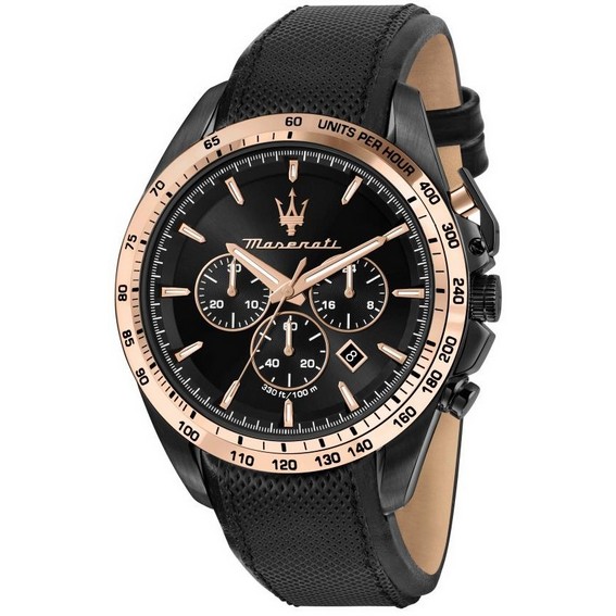 Maserati Traguardo chronograph Leather Strap Black dial ควอตซ์ R8871612036 100M Men's Watch
