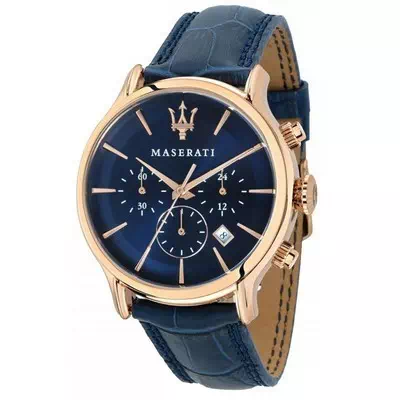 Maserati Epoca Chronograph สีน้ำเงิน dial Leather Strap ควอตซ์ R8871618013 100M Men's Watch
