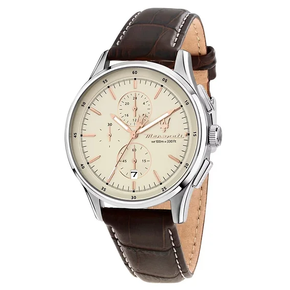 Maserati Sorpasso Chronograph Leather Strap Beige Dial Quartz R8871624010 100M Men's Watch