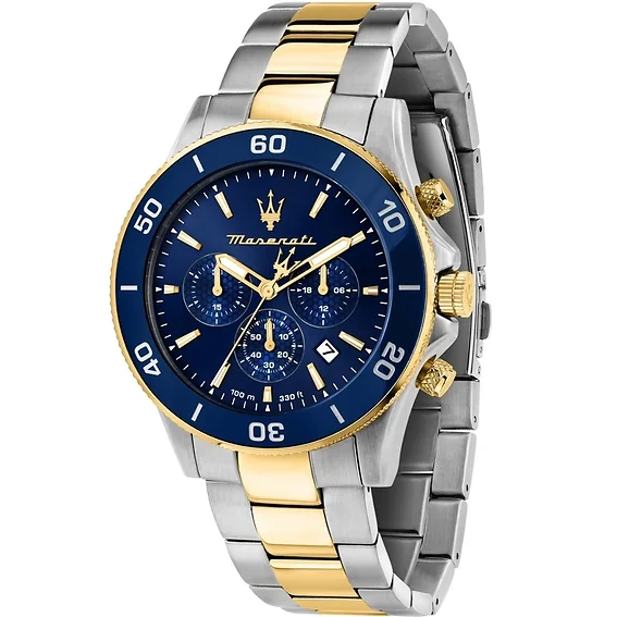 Maserati Competizione Chronograph Two Tone Stainless Steel Blue Dial Quartz R8873600006 100M Men's Watch