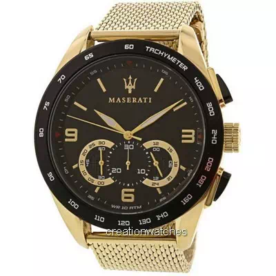 Relógio masculino Maserati Traguardo cronógrafo tom dourado aço inoxidável mostrador preto quartzo R8873612010 100M