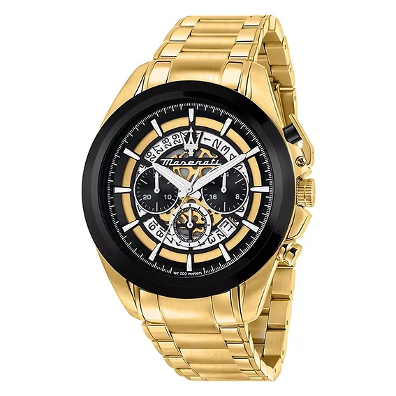 Maserati Traguardo Chronograph Gold Tone Stainless Steel Multicolor Skeleton Dial Quartz R8873612058 100M Men's Watch
