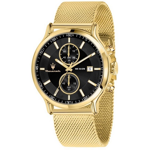 Maserati Epoca Chronograph Gold Tone Stainless Steel Mesh Black Dial Quartz R8873618014 100M Men's Watch
