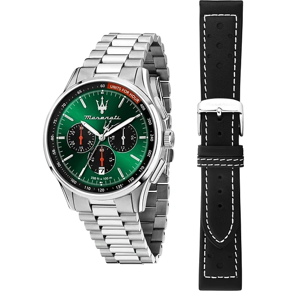 Maserati Sorpasso Chronograph Stainless Steel Green Sunray Dial Quartz R8873624002 100M Men's Watch With Extra Strap