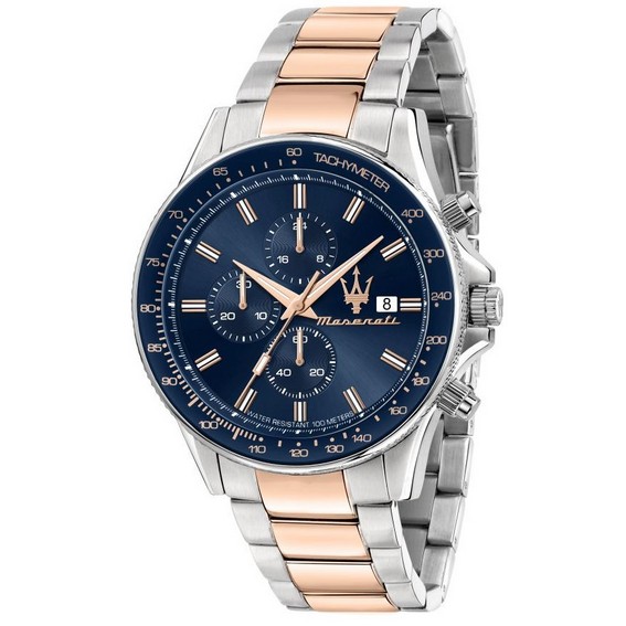 Maserati Sfida Chronograph Two Tone Stainless Steel Blue Dial Quartz R8873640012 100M Men's Watch