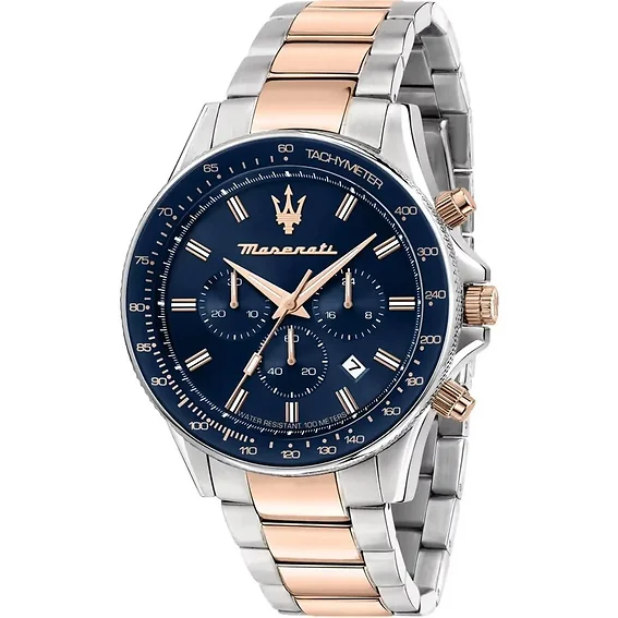 Maserati Sfida Chronograph Two Tone Stainless Blue Dial Quartz R8873640022 100M Men's Watch