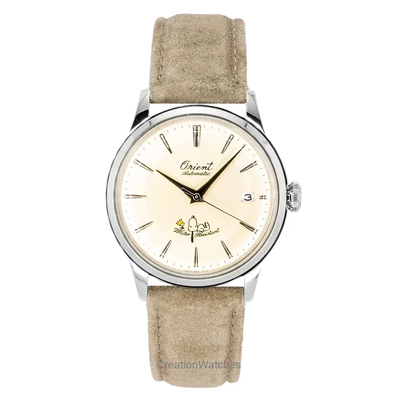 Orient Bambino Peanuts 75th Anniversary Limited Edition Leather Strap Champagne Dial Automatic RA-AC0M17G Men's Watch