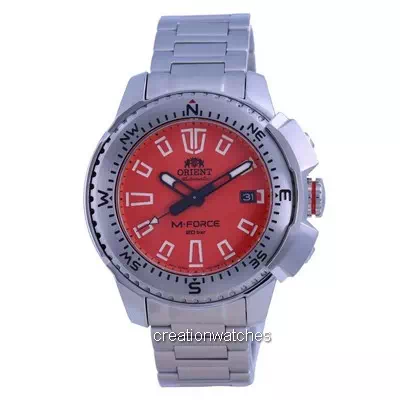 Relógio masculino orient M-Force laranja de aço inoxidável de mergulho automático RA-AC0N02Y10B 200M