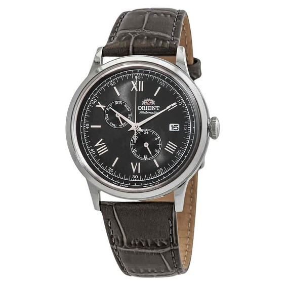Relógio masculino Orient Bambino versão 8 clássico com pulseira de couro cinza mostrador automático RA-AK0704N10B