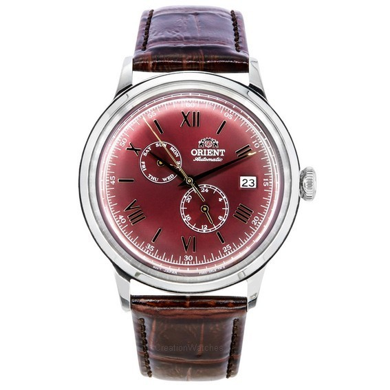 Автоматические мужские часы Orient Bambino GMT Version 8 с кожаным ремешком и красным циферблатом RA-AK0705R10B