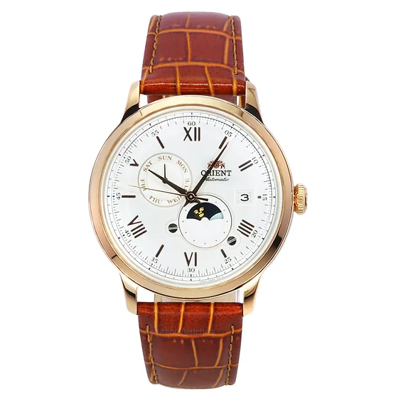 Orient Bambino Version 9 Classic Sun And Moon Phase Leather Strap White Dial Automatic RA-AK0801S00C Men's Watch