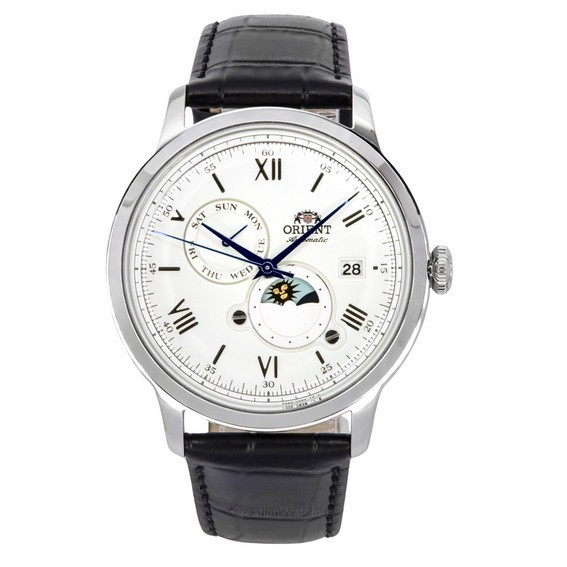 Orient Bambino Versão 9 Fases do Sol e da Lua Mostrador Branco Automático RA-AK0802S10B RA-AK0802S30B Relógio Masculino