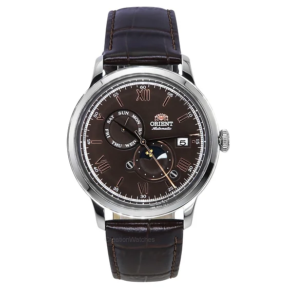 Orient Bambino Version 9 Classic Sun And Moon Phase Leather Strap Brown Dial Automatic RA-AK0804Y00C Men's Watch