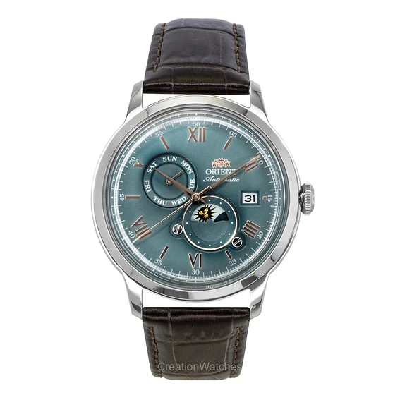 Orient Classic Sun and Moon Leather Strap Green Dial Automatic RA-AK0805E Men's Watch