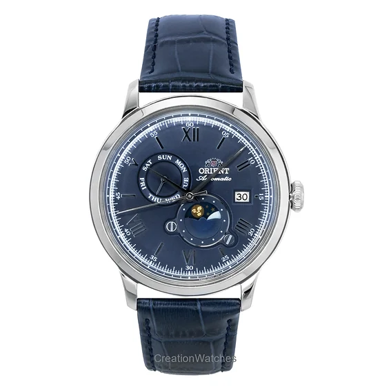 Orient Classic Sun and Moon Leather Strap Navy Blue Dial Automatic RA-AK0806L Men's Watch