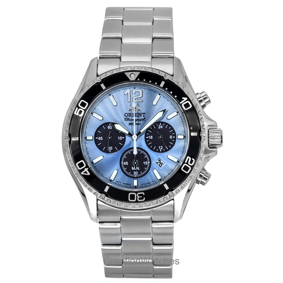 Orient Sports Chronograph Stainless Steel Sky Blue Dial Quartz Diver's RA-TX0206L 200M Men's Watch