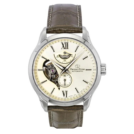 Orient Star Contemporary Leather Strap Open Heart Champagne Dial Automatic RE-AV0B10G 100M Men's Watch