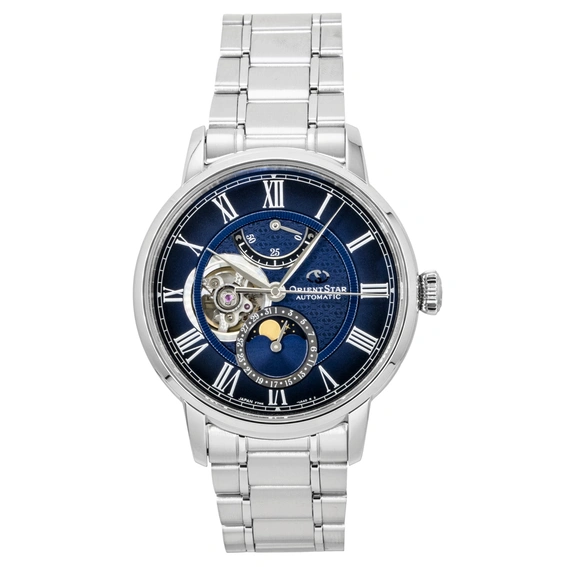 Orient Star M45 F7 Mechanical Moon Phase Stainless Steel Navy Blue Open Heart Dial Automatic RE-BT0006L Men's Watch