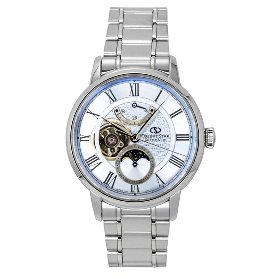 Orient Star M45 F7 Mechanical Moon Phase Stainless Steel Light Blue Open Heart Dial Automatic RE-BT0007L Men's Watch