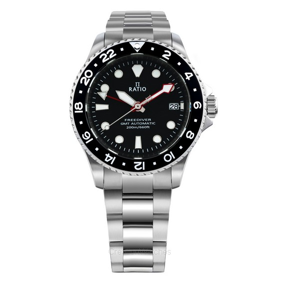 Ratio FreeDiver GMT Series Zafiro Acero inoxidable Esfera negra Automático RTF051 200M Reloj para hombre