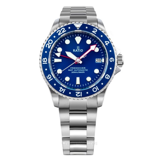 Orologio da uomo Ratio FreeDiver GMT serie zaffiro in acciaio inossidabile quadrante blu automatico RTF053 200M