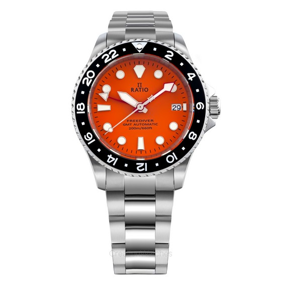 Orologio da uomo Ratio FreeDiver GMT serie zaffiro in acciaio inossidabile quadrante arancione automatico RTF055 200M