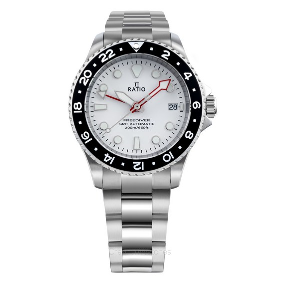 Relógio masculino Ratio FreeDiver GMT série safira em aço inoxidável com mostrador branco automático RTF057 200M