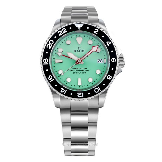 Relógio masculino Ratio FreeDiver GMT série safira em aço inoxidável com mostrador verde automático RTF059 200M