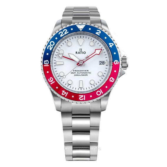 Ratio FreeDiver GMT-serie Saffier roestvrij staal Witte wijzerplaat Blauw Rood Pepsi Bezel Automatisch RTF061 200M herenhorloge